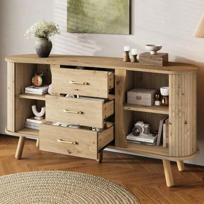 Pea-Shaped Dining Room Cabinet Decorated With A Grooved Design, Featuring Two Sliding Doors And Three Drawers, Adjustable Compartment Height, Solid Wood Cabinet Legs, Wood-Look Finish, Made Of MDF, Modern Nordic Style