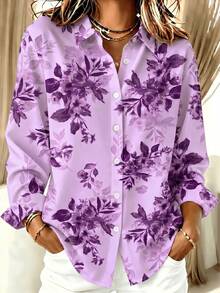New Women's Plus Size Long Sleeve Casual Shirt - Classic Print, Turn-Down Collar, Button Design, Suitable For Spring, Summer, Autumn, Winter, Daily Wear, Lightweight Casual, Vacation Travel, Holiday, Party, Breathable Lightweight Fabric, Machine Washable, Easy Care Material - Purple - View 1