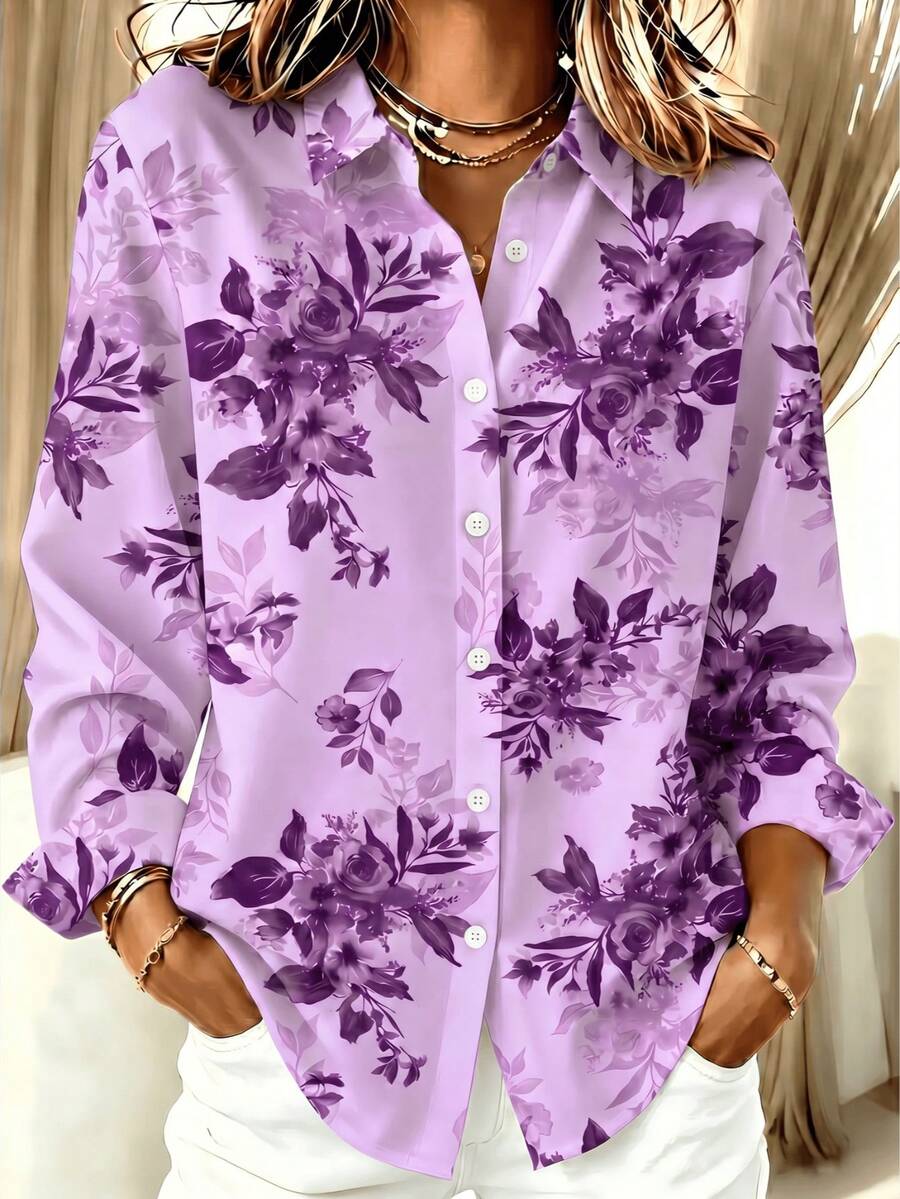 New Women's Plus Size Long Sleeve Casual Shirt - Classic Print, Turn-Down Collar, Button Design, Suitable For Spring, Summer, Autumn, Winter, Daily Wear, Lightweight Casual, Vacation Travel, Holiday, Party, Breathable Lightweight Fabric, Machine Washable, Easy Care Material - Purple - View 1