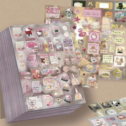  8pcs Hello Kitty Sticker Sheets, Sanrio Cute Doodle Decorative Stickers, Waterproof Scrapbooking Materials