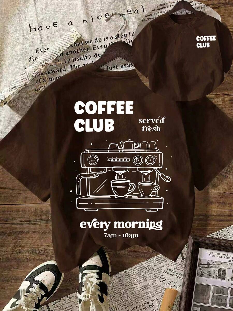 Coffee Club 女士夏季休闲圆领短袖简约T恤 - 棕色 - 查看 1