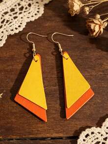 1 Pair Retro Minimalist Orange-Yellow Contrast Double-Layer Triangle PU Leather Earrings, Versatile Spring/Summer Jewelry - Orange - View 5