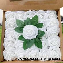 27pcs Set (25 Rose Flowers, 2 Leaves) Artificial Ivory Foam Roses With Stems, Suitable For DIY Wedding Bouquets, Bridal Shower Centerpieces, Party Table Decor, Valentine's Day And Mother's Day (Excluding Gift Box) - Multicolor - View 11