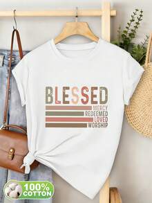 Sommaroutfit för kvinnor 2026: Damtopp i 100 % ny stil, rundhalsad kortärmad T-shirt med tryck på de engelska orden "MERCY", "REDEEMED", "LOVED" och "WORSHIP" undertill, kombinerat med ett färgglatt horisontellt randmönster, för kvinnors avslappnade och eleganta vardagskläder. - [Vit] - Visa 12