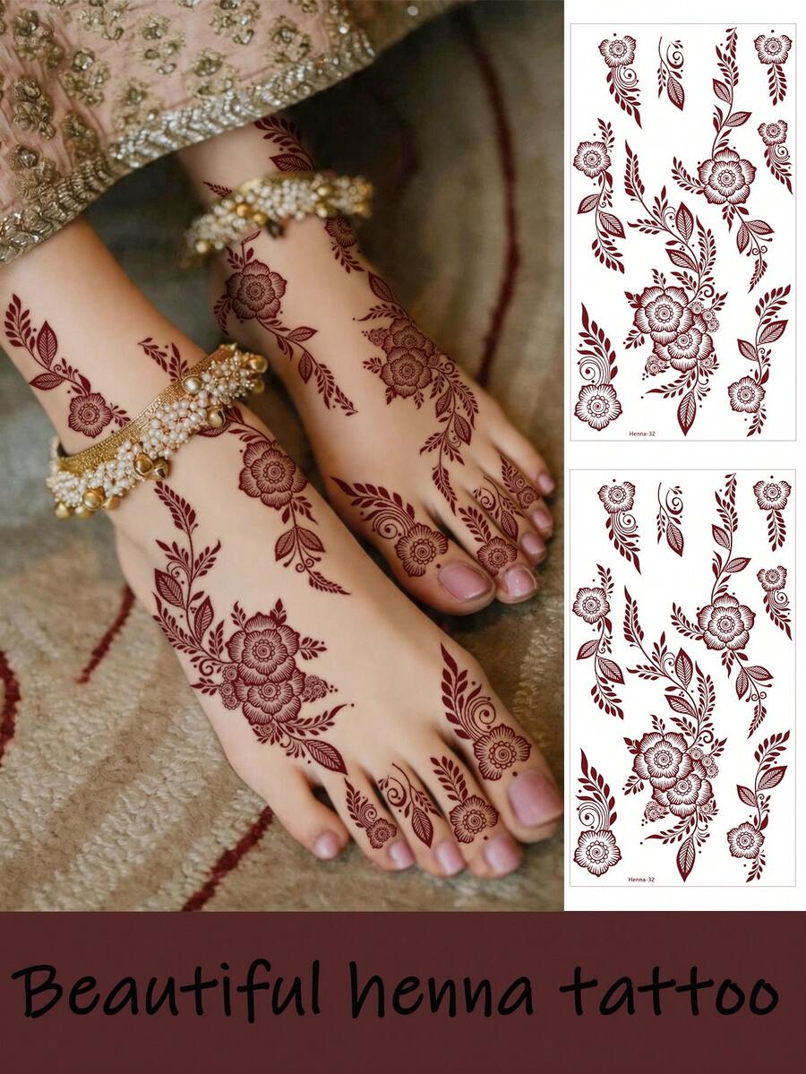 2 pièces Autocollants de tatouage temporaire imperméable de feuilles rouges-brunes, autocollants de tatouage réalistes de transfert d'eau à la mode, art corporel du Moyen-Orient pour l'Aïd al-Adha pour les femmes sur les mains et les pieds, convient pour les festivals, les mariages, les cadeaux et le port quotidien, tatouage temporaire, tatouage de main imperméable, applicable pour la décoration de l'Aïd, autocollants de mandala, tatouage au henné, autocollants sexy de Ramadan, convient pour les mariages, les festivals, les fêtes, la Saint-Valentin