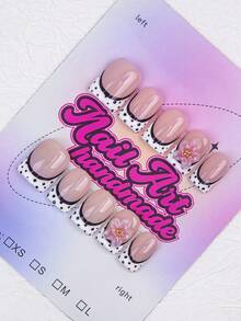 10pcs/Set Handmade Square Nail Tips With Polka Dot French Design, Nude & White Color, Y2K Baddie Style, Suitable For Party, Wedding, Daily Wear, Includes Nail Tools, Great Gift For Women & Girls Nails Nail Supplies Handmade Press On Nails - Black and White - View 2