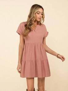 Vestido de muñeca de bebé de manga corta y ala de murciélago con volantes, escote de pico con muescas y unicolor para mujer en verano - Rosa vieja - Ver 5