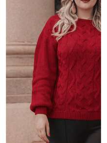 Plus Size Winter Puff Sleeve Knitted Blouse - Size G2 (EXL) - Red - View 2