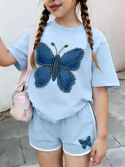 Teenage Girls Vintage Denim Butterfly Print Round Neck T-Shirt + Shorts Set, Comfortable Daily Wear Summer Outfit