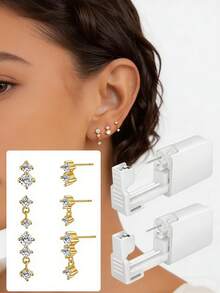 3PCS Golden Earrings Set Dangle Earrings Minimalist Drop Stud Earrings WIth 2pcs Disposable Ear Piercing Gun Home Use Ear Piercing Tool - View 1