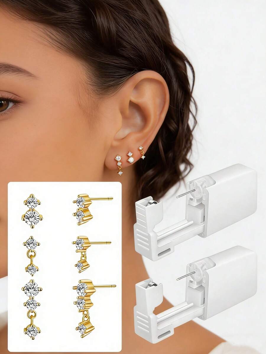 3PCS Golden Earrings Set Dangle Earrings Minimalist Drop Stud Earrings WIth 2pcs Disposable Ear Piercing Gun Home Use Ear Piercing Tool - View 1