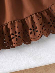Girls' Summer Solid Color Dress, Sweet Vintage Style, Exquisite Hollow-Out Detail Design, Perfect For Daily Wear Or Photoshoots - Rust Brown - View 5