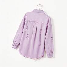 Plus Size Women's Distressed Denim Jacket, Frayed Hem, Button Front, Boyfriend Style Denim Outerwear, Western Cowgirl Shacket With Pockets Casual Spring - Purple - View 4