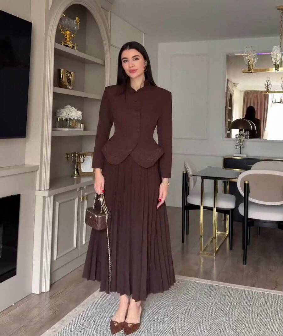 Conjunto de Vestido Largo Elegante de Estilo Retro para Otoño - Marron oscuro - Ver 1