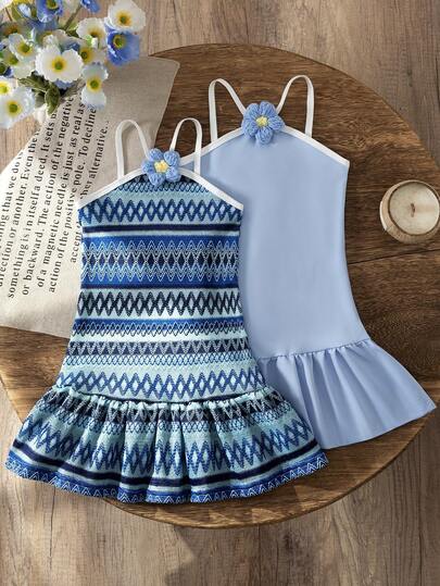 Bộ 2 món cho bé gái, gồm váy hai dây họa tiết hoa dễ thương và váy dệt kim jacquard, trang phục thời trang.