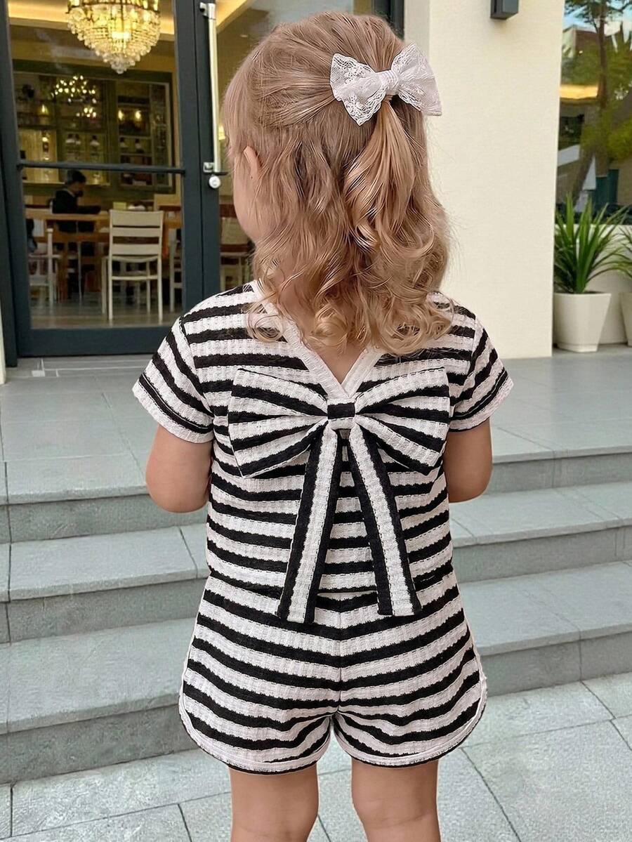 2pcs Baby Girls' Summer New V-Neck Short Sleeve Striped Top With Bow Decor And Casual Sports Shorts Set, Suitable For Outdoor Wear - Black and White - View 1
