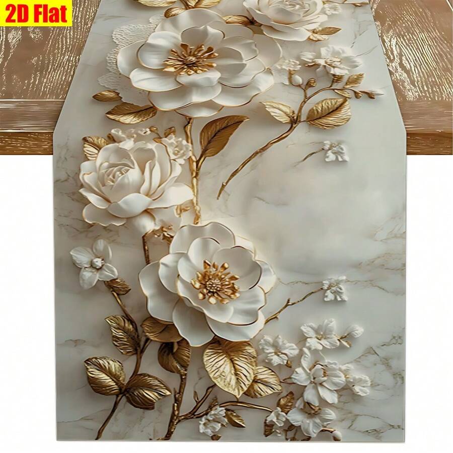 1 chiếc khăn trải bàn hoa 2D trang nhã, hoa trắng với cành vàng - Thiết kế hoa tinh tế, chất liệu polyester bền chắc, lý tưởng cho các bữa ăn ngày lễ và tiệc ngoài trời, phù hợp cho phòng ăn gia đình và nhà hàng, đồ dùng nhà bếp, trang trí bàn tiệc. - Vàng trắng - Xem 1