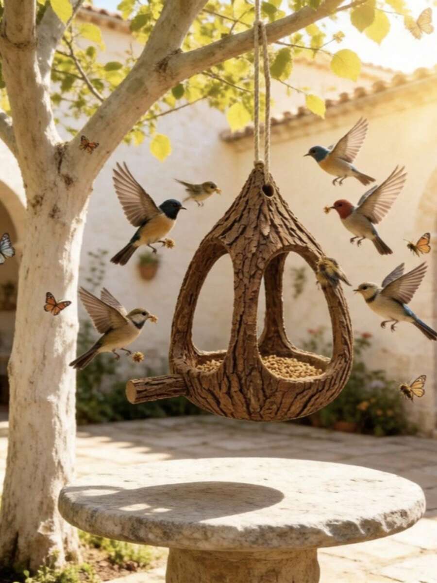 1pc Brown Tree Bark Texture Water Drop Shaped Hanging Bird Feeder, Rustic Faux Wood Resin Bird Feeding Dish With Perch And Hemp Rope, Hollow Tree Trunk Design Wild Bird Food Storage Container, Tree Hanging Garden Patio Spring Summer Outdoor Wildlife Decor Gift - Tree - View 1