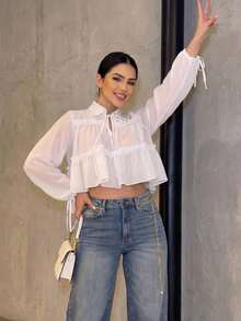 Camisa casual de mujer de manga larga y unicolor elegante, diseño asimétrico con parte delantera corta y parte trasera larga, cuello con lazo, manga farol suelta, estilo casual suelto y sexy - Blanco - Ver 2