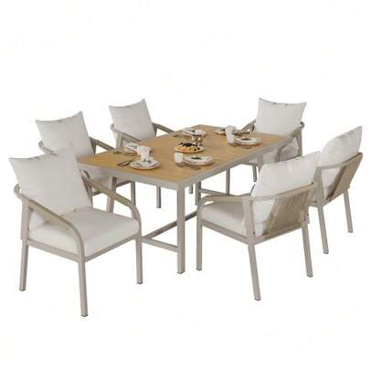 Garden Dining Set, Garden Furniture Set, Suitable For 4 People, Consisting Of 1 Table And 4 Chairs, Galvanized Steel Tubes, Plastic Wood Tabletop, Braided Rope Design, Khaki + Beige Color