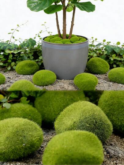 20pcs Artificial Green Moss Decorated Stones, Mini Landscape Decor, Suitable For Succulents, Cacti, Indoor Home Decor, Planter Decoration, Dollhouse Accessories, Seasonal Decor, Fairy Garden Decoration, Bedroom Decor