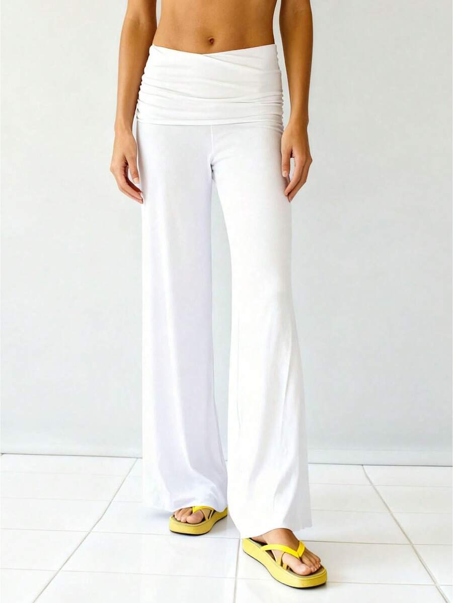 Womens Wide Leg Pants Casual Loose Fit Stylish Solid Color Elastic Pleated Low Rise Trousers - 白色 - 查看 1