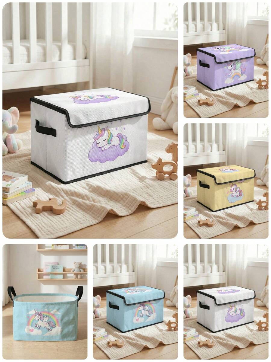 1 pieza Caja de almacenamiento plegable de gran capacidad, cesta de almacenamiento con tapa con estampado de poni y asa, contenedor de almacenamiento multiusos para guardería, dormitorio, ropa de bebé, debajo de la cama, juguetes - Multicolor - Ver 1
