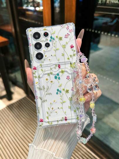 花卉图案透明卡包多功能卡包，带腕带，加厚防震手机壳，兼容 17/17Pro/17ProMax、16/11/16Pro/16Plus/16ProMax/16e、15ProMax、13/14/12/XS/XR/7G/8P、Galaxy 11/12Pro/12/12X/13Pro/14Pro/15Pro/X3pro、10/9/Note9/12c/Note11Pro/Note8Pro/9C/9A