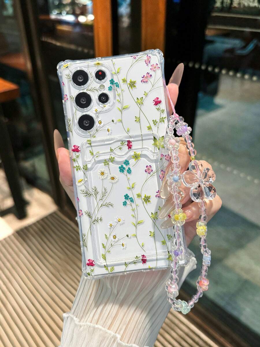 花卉图案透明卡包多功能卡包，带腕带，加厚防震手机壳，兼容 17/17Pro/17ProMax、16/11/16Pro/16Plus/16ProMax/16e、15ProMax、13/14/12/XS/XR/7G/8P、Galaxy 11/12Pro/12/12X/13Pro/14Pro/15Pro/X3pro、10/9/Note9/12c/Note11Pro/Note8Pro/9C/9A - 粉色 - 查看 1