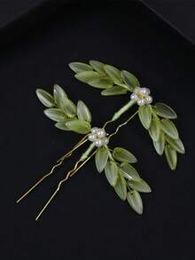 1pc Elegant Green Bamboo Flower Design Hair Clip, 10cm Length Chinese Style Hair Accessory, Five-Petal Flower With Bamboo Leaf Design, Metal Material, Easy To Use - High-Quality Design, Minimalist & Fashionable, Alloy Material, Convenient To Use - Multicolor - View 11