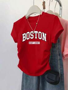 One Piece Of  Casual Wear For Men And Women. Women's Fitted T-Shirt With English Letter Print, Stylish And Elegant, With A European And American Style. Versatile, Easy To Match, Suitable For Everyday Wear, Urban Style, Vacation Outfits, And Weekend Outfits. - 紅色的 - 查看 7