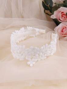 1pc White Lace Floral Wide-Banded Headband, Women Elegant Retro Headpiece, Bridal Photoshoot & Daily Accessory,Travel,Birthday - White - View 4