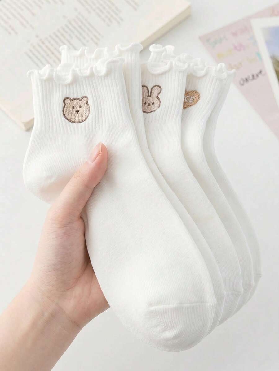5 Pairs Random White Cartoon Rabbit, Bear, Heart Pattern Mid-Calf Socks, Casual & Sports - White - View 1