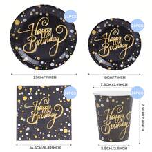 Juego de vajilla desechable de cumpleaños en negro y dorado, platos de papel de 9 pulgadas y 7 pulgadas, vasos de papel de 9 onzas, servilletas, kit de vajilla con estampado de confeti negro y dorado/plateado para celebración de cumpleaños de adultos, fiesta formal - Multicolor - Ver 10