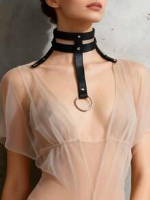 1PC Double Strap O-Ring Faux Leather Choker, Punk Style Layered Neck Collar, Fashion Statement Neck Accessory For Women - Black - View 7