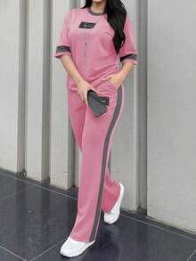 2pcs Women's Spring/Autumn Round Neck Short Sleeve T-Shirt And Elastic Waist Loose Pants Set, Casual Daily Wear Summer - 粉紅色 231 - 查看 2