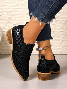 Women's Black Pointed Toe Chunky Heel Slip-On Shoes, Irregular Plaid Pattern, Non-Slip, Suitable For Party And Daily Wear, Autumn/Winter Fashion Loafers - Black - View 6