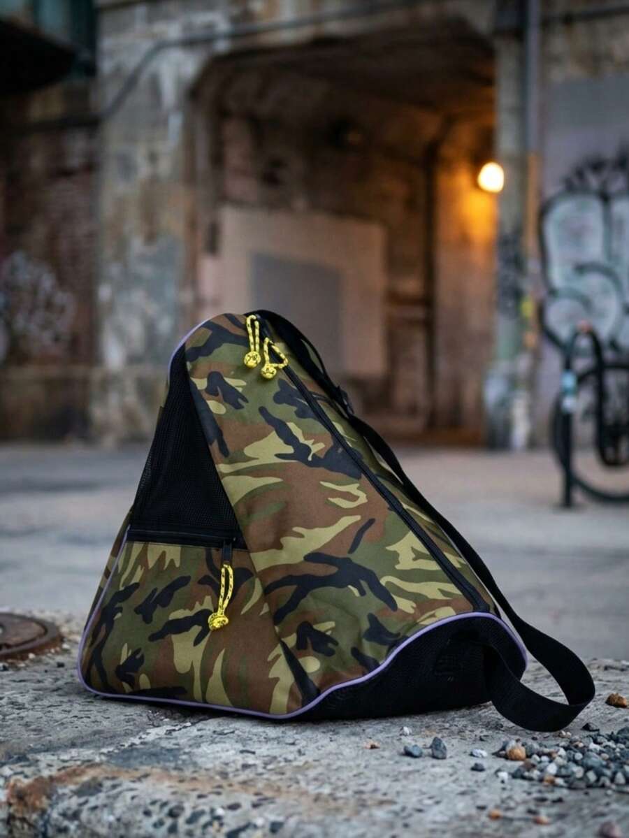 Mochila Porta Patines de Diseño Triangular con Estampado de Camuflaje y Malla de Ventilación – Estuche de Transporte Ergonómico para Patinaje en Línea y Cuatro Ruedas - Camuflaje - Ver 1