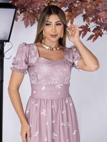 Women's Long Printed Premium Luxury Elegant Casual Party Dress With Ruffled Fabric, Perfect For Weddings, Home, Baby Showers, And Dates. - 淺粉色 - 查看 3