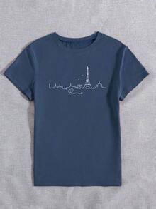 Camiseta para mujer con estampado de siluetas de escenarios de París, camiseta de manga corta con cuello redondo y estampado de líneas artísticas de París, camiseta gráfica casual para mujeres - Azul marino - Ver 3