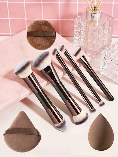  YZIMENG 8pcs Makeup Brush Set - 5 Double-Ended Makeup Brushes + 3 Makeup Sponges, Soft Synthetic Hair Multifunctional Makeup Brush Kit Including Face Brush, Powder Brush, Blush Brush, Concealer Brush, Contour Brush, Nose Brush, Eye Shadow Brush, Detail Brush, Foundation Brush, Highlighter Brush. Durable And Suitable For Liquid, Cream And Powder Makeup. Great Gift For Women And Girls.