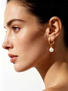 1 Pair Gold Color Huggie Hoop Pendant Earrings, Delicate & Minimalist, Small Hypoallergenic Hoop Earrings With Pearl, Versatile For Casual Daily Wear, Vintage INS Style Jewelry Gift For Students, Girlfriend, Friend - Gold - View 4