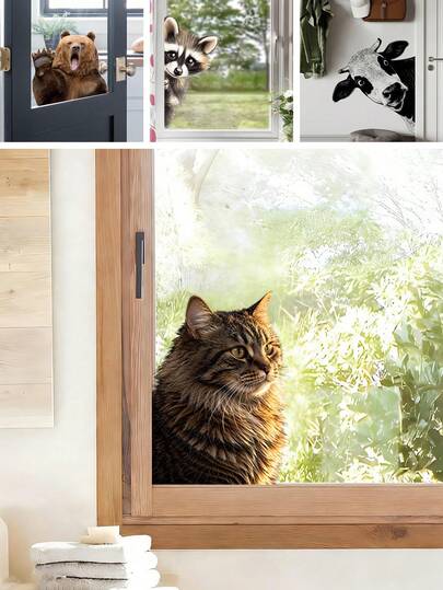 BRUP 1 片逼真缅因猫窥视门贴，可爱小猫玻璃门贴纸，双面可视可移除自粘 PVC 猫咪窗贴，适用于儿童房宠物爱好者装饰