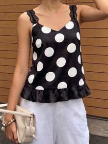 Women Dot Print Camisole Tops Lace Trim Spaghetti Strap V Neck Ruffled Hem Backless Cami Tops For Summer Going Out - 黑色 - 查看 4