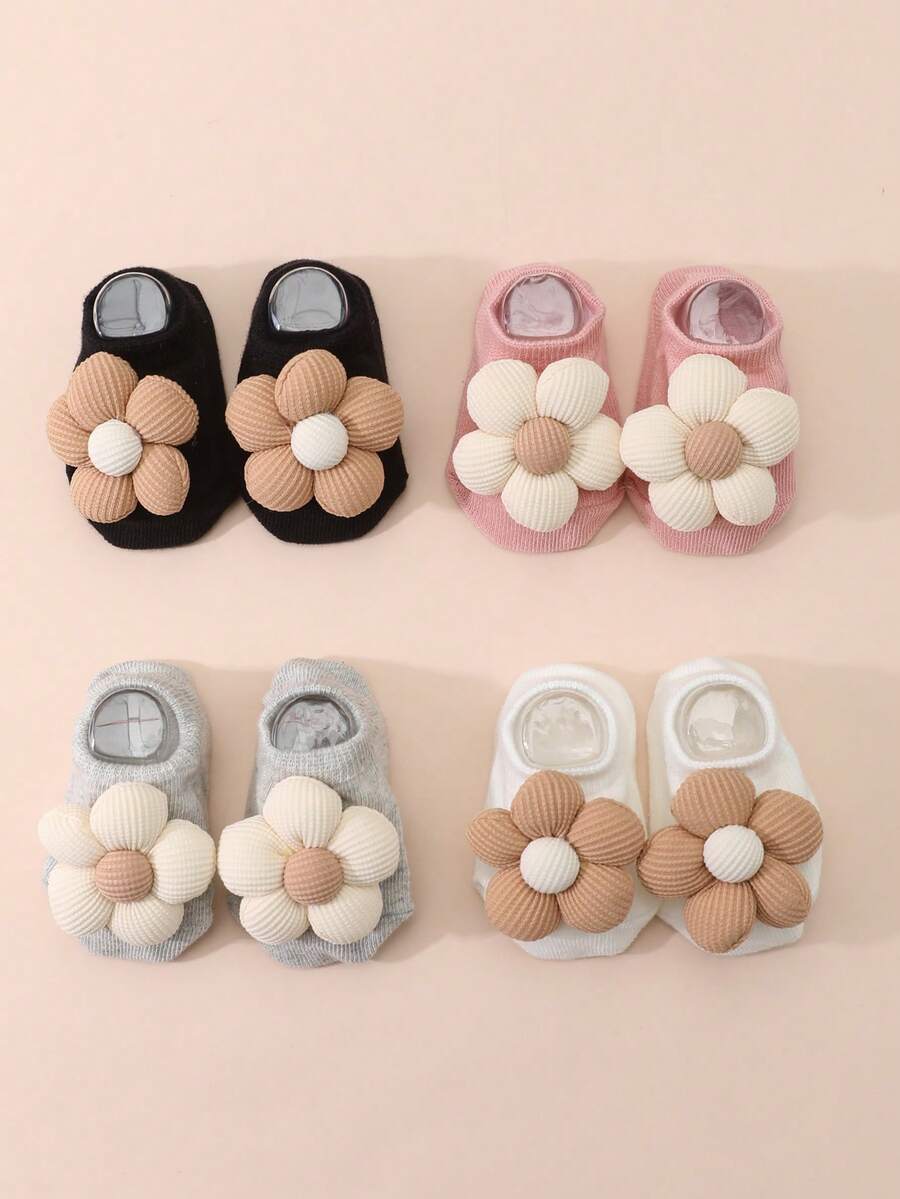 4 Pasang Kaos Kaki Pendek Motif Bunga untuk Bayi/Balita Perempuan, Warna Polos, Sol Anti Selip, Cocok untuk Semua Musim