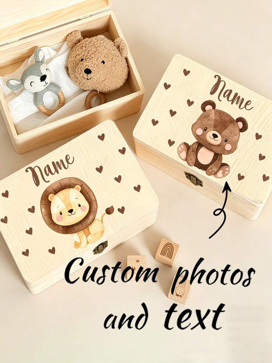 1pc Personalized Commemorative Box, Customized Wooden Storage Box, Customizable Text And Pattern, For Home Decor, Jewelry And Beauty Supplies Storage, Desktop Decoration, Precious Item Storage, Large Capacity Multifunctional Desktop Organizer, Perfect For Wedding Souvenirs And Decorative Commemorative Gifts. Personalized Letter And Name Engraved Natural Beech Wood Box, Symbolizing Eternal Love, Anniversary Gift, Housewarming Gift - Multicolor - View 1