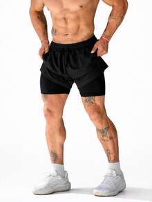 Men's Double Shorts 2 In 1 Premium Compression Fitness Dry Fit For Gym, Training, Running, Soccer - 黑色 - 查看 4