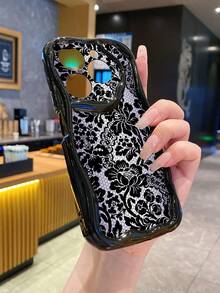 1pc Ball Texture Black Flower Camera Shockproof Phone Case, UV Printed Wavy Design Compatible With Apple/Galaxy//// - Black - View 2