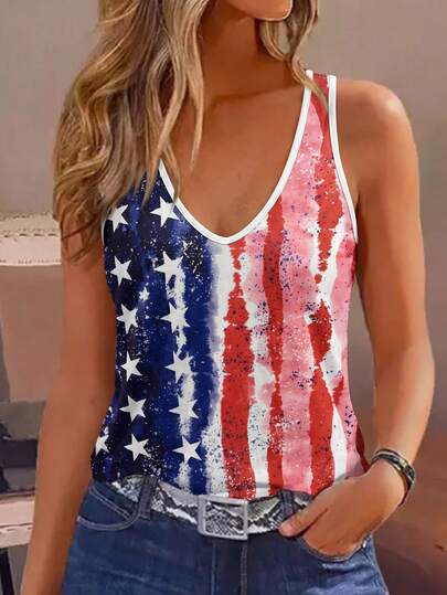 Áo tank top cổ chữ V in hình cờ Mỹ dành cho nữ, áo cami không tay nhuộm màu nước họa tiết sao và sọc, áo mùa hè thường ngày mang tinh thần yêu nước ngày Quốc khánh 4 tháng 7, áo vest kiểu racerback ngày Độc lập, trang phục dự tiệc và đi chơi ngày lễ.