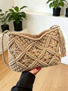 Bolso bandolera tejido bohemio de color sólido, bolso cuadrado pequeño tejido a la moda, adecuado para vacaciones en la playa, compras urbanas, elección perfecta para vacaciones en la playa, - Marrón - Ver 3